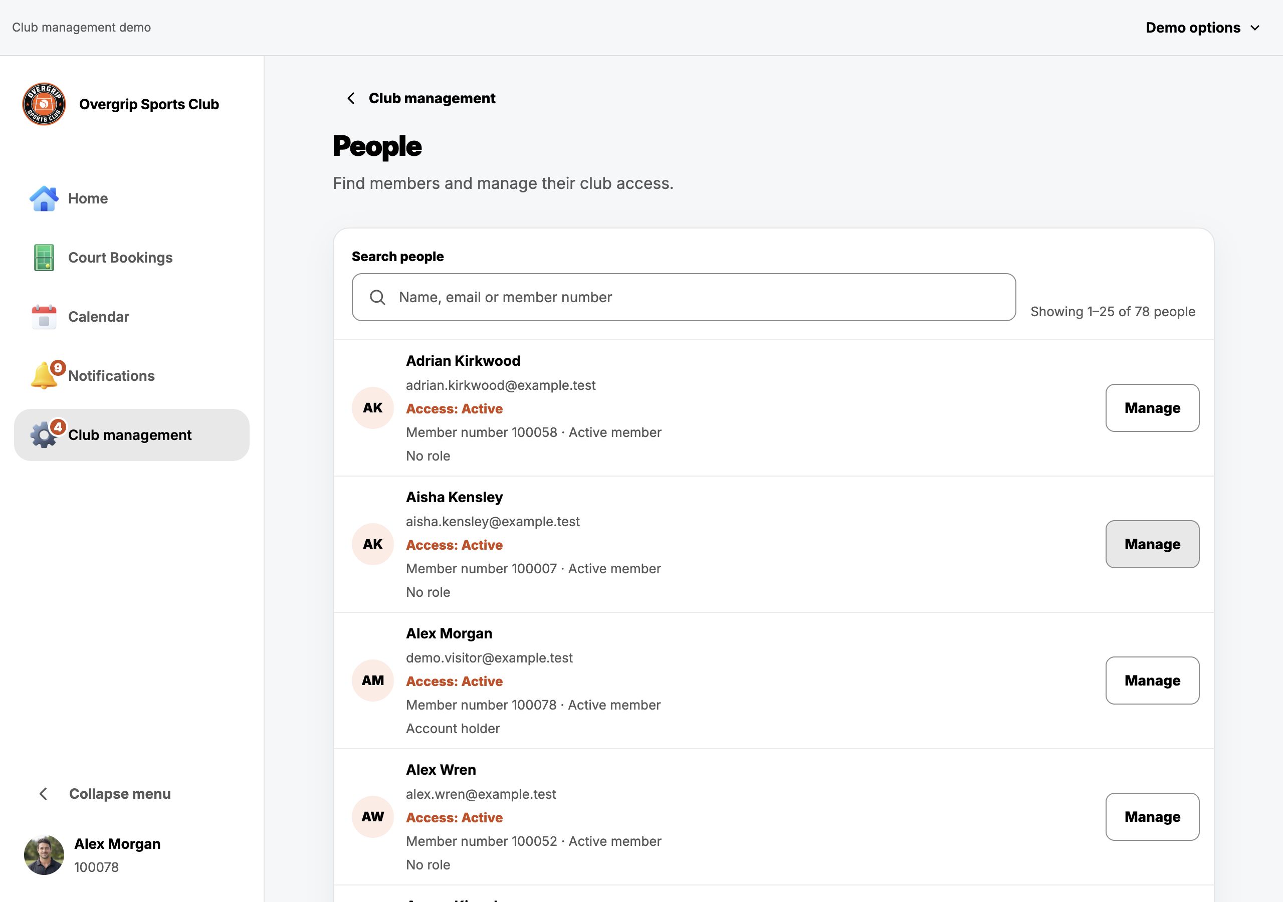 Actual searchable people directory in the Overgrip Sports Club demo